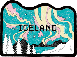 Illustrated Iceland sticker: the northern lights over black mountains and a pine forest.