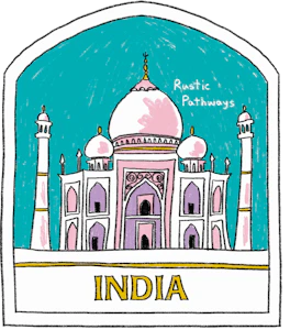 Illustrated India sticker: the Taj Mahal and its minarets in an arched teal frame.