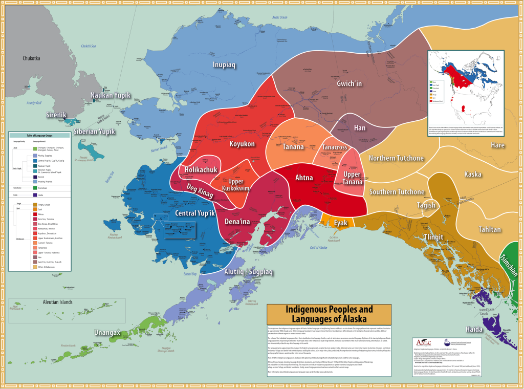 Krauss, Michael, Gary Holton, Jim Kerr, and Colin T. West. 2011. Indigenous Peoples and Languages of Alaska. Fairbanks and Anchorage: Alaska Native Language Center and UAA Institute of Social and Economic Research. Online map