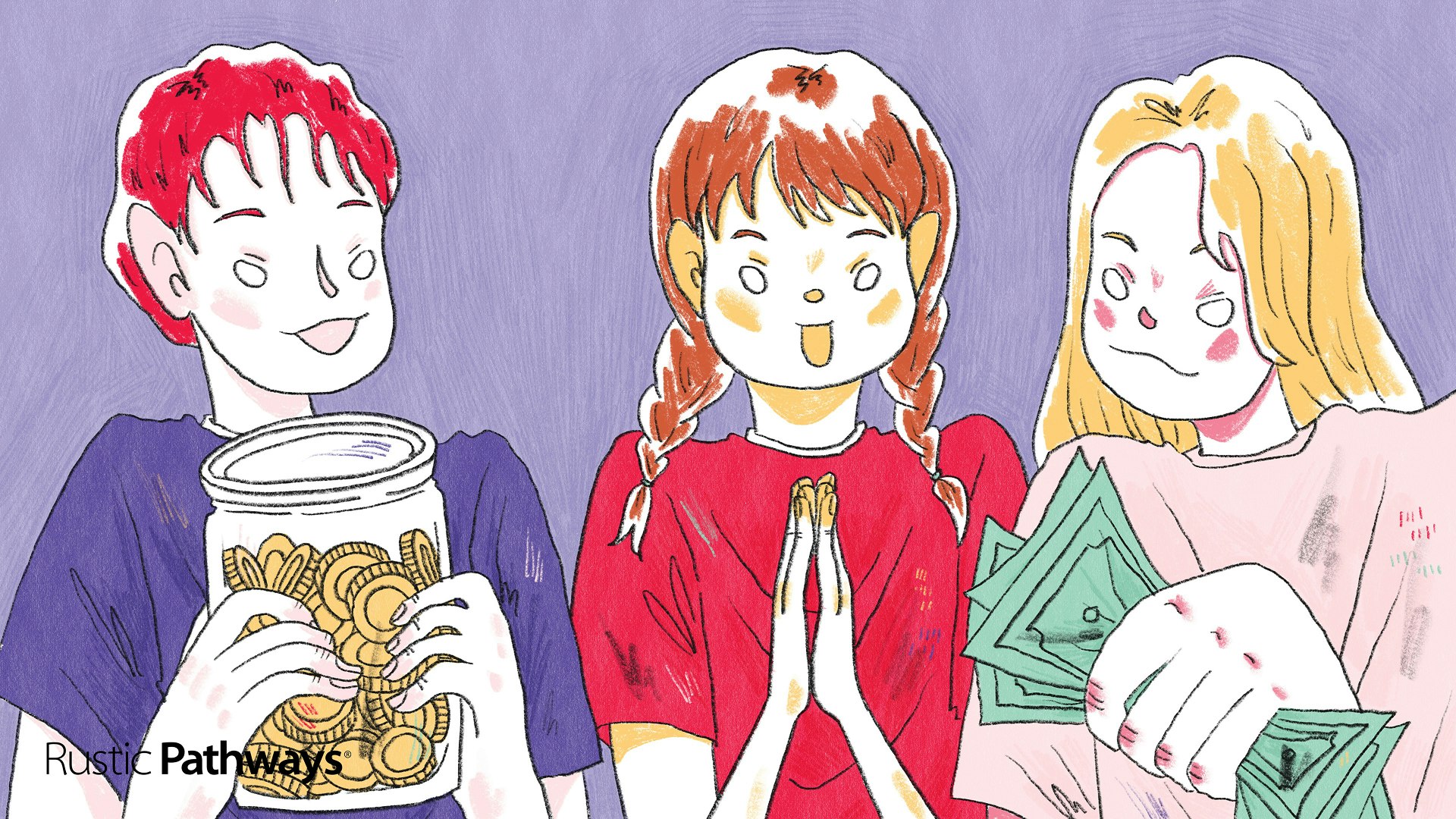 Hand-drawn illustration of individual fundraising ideas for trips, showing students holding a savings jar and cash, wide format.