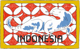 Illustrated Indonesia sticker: a Komodo dragon on a red patterned ground.