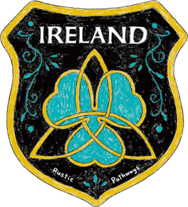 Illustrated Ireland sticker: a teal triquetra knot on a black and gold shield.