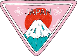 Illustrated Japan sticker: Mount Fuji against a red sun with cherry blossoms, in a pink triangle.