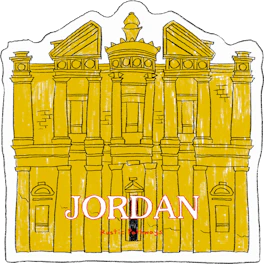 Illustrated Jordan sticker: the carved rock facade of the Treasury at Petra in gold.