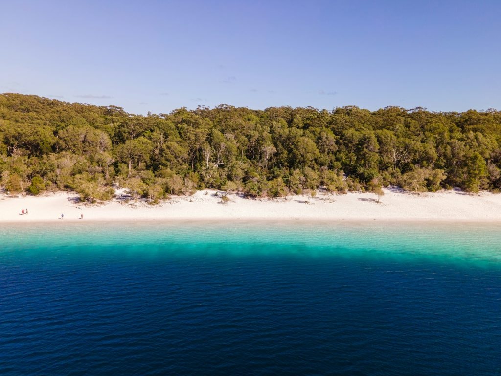 A pristine beach with white sand, turquoise waters, and lush green forest in the background, with a few people relaxing along the shore.