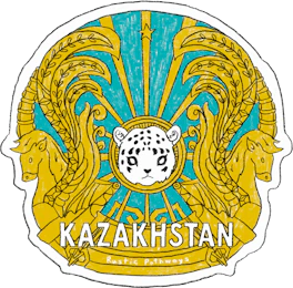 Illustrated Kazakhstan sticker: a snow leopard's face in a gold and teal sunburst flanked by horses.
