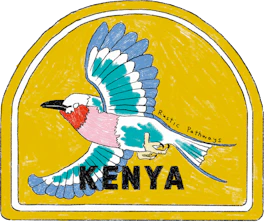 Illustrated Kenya sticker: a lilac-breasted roller in flight across a gold ground.