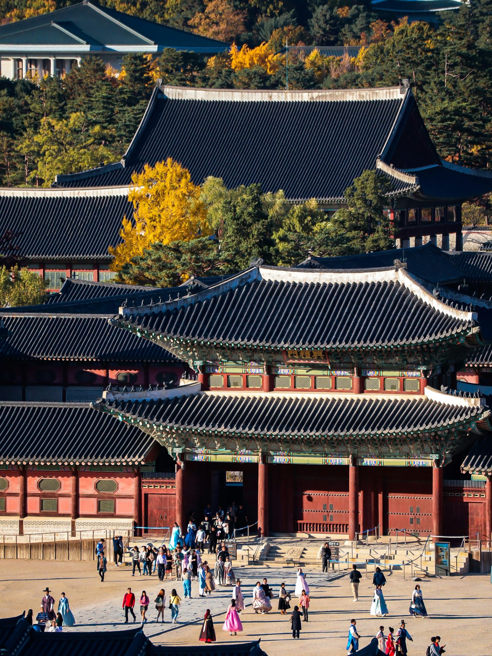 Picture of palace in South Korea in the background and many people standing outside.
