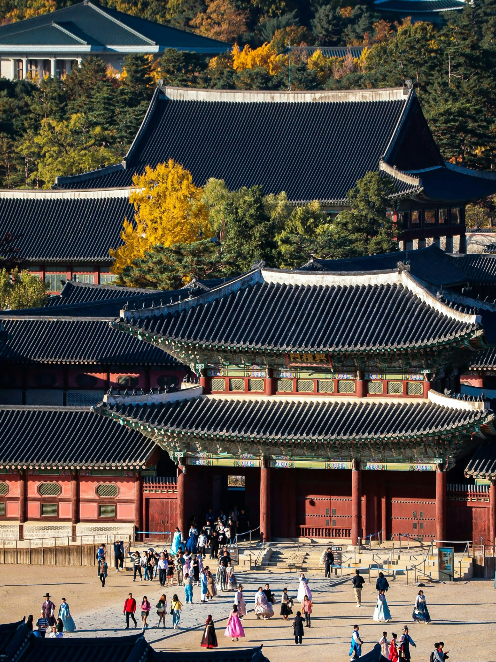Picture of palace in South Korea in the background and many people standing outside.