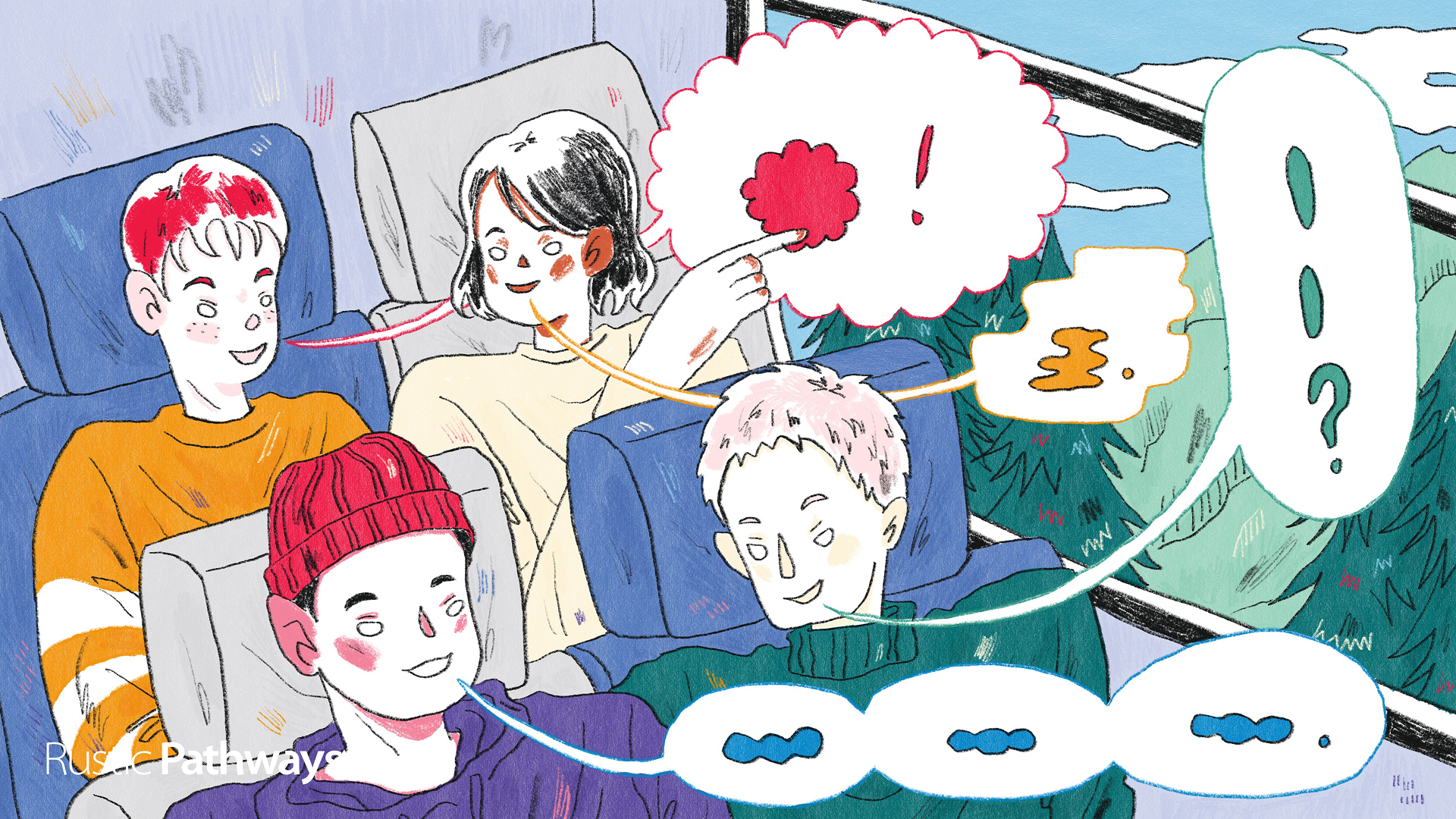 Hand-drawn illustration of language program travel, showing teens talking with language callouts on a bus ride, wide format.