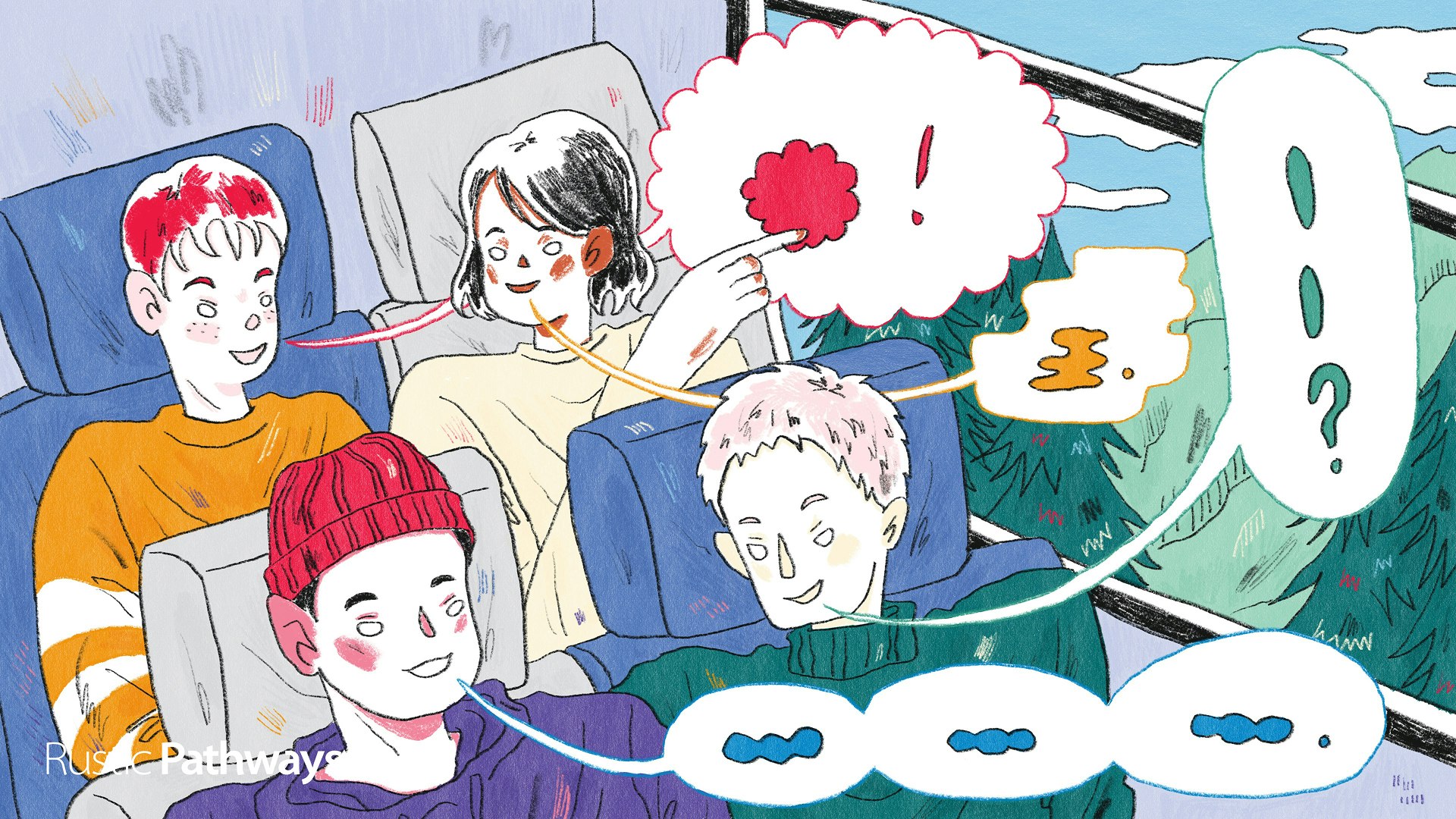 Hand-drawn illustration of a language-immersion teen tour, showing teens talking with speech callouts on a bus ride.
