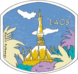 Illustrated Laos sticker: a golden stupa with tiered spires against a blue sky.