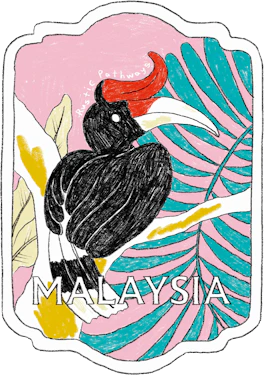 Illustrated Malaysia sticker: a black hornbill among pink and teal palm leaves.