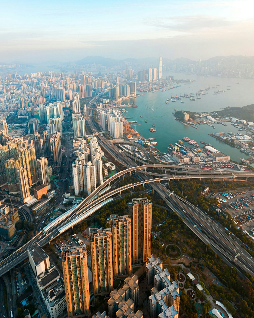 Aerial view of the residential district of Hong Kong on a sunny day.