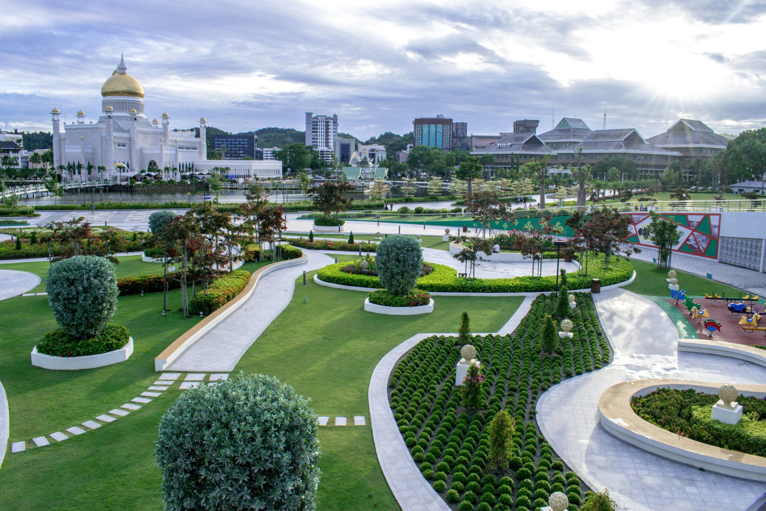 Scenic park with pathways and manicured gardens