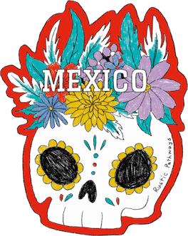 Illustrated Mexico sticker: a decorated sugar skull crowned with flowers and feathers.