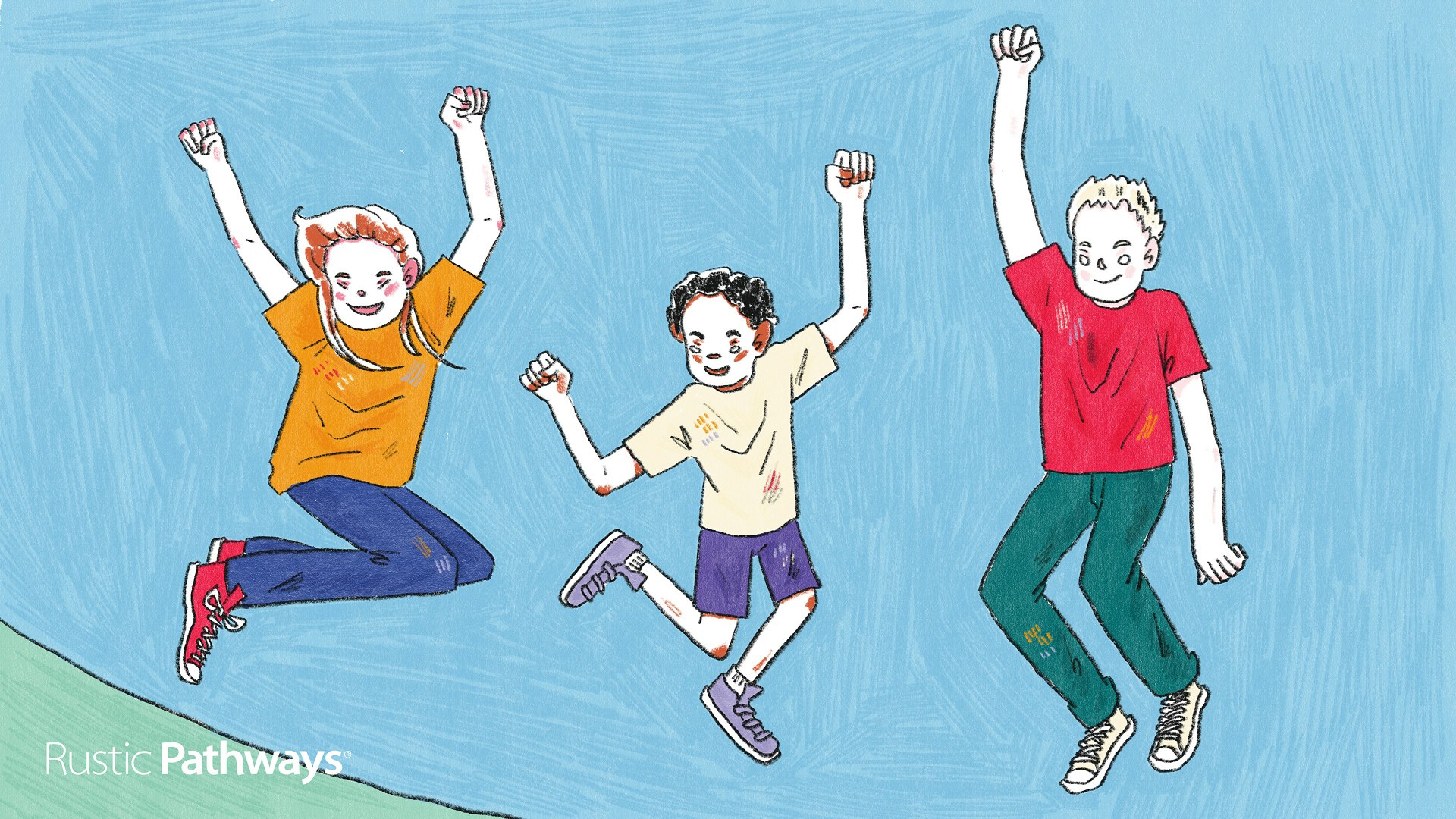 Hand-drawn illustration of middle school summer programs, showing students exploring outdoors with a notebook and magnifying glass, wide format.