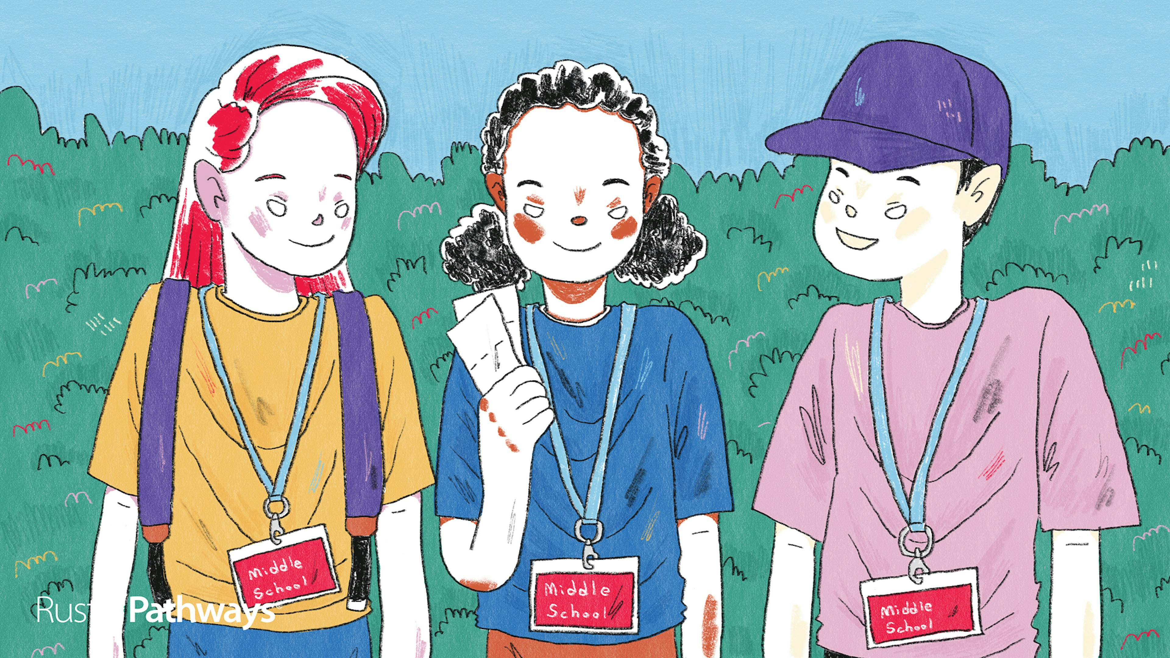Hand-drawn illustration of middle school travel programs, showing three students wearing &ldquo;middle school&rdquo; badges and backpacks, wide format.