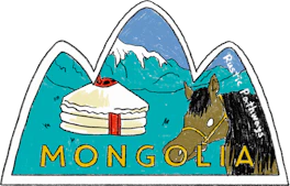 Illustrated Mongolia sticker: a white ger and a horse below snow-covered mountains.