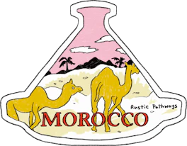 Illustrated Morocco sticker: two camels below palms and dunes, drawn in the shape of a tagine.