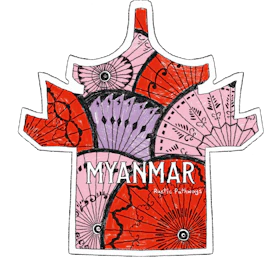 Illustrated Myanmar sticker: red and pink patterned parasols overlapping.