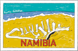 Illustrated Namibia sticker: the ribs of a shipwreck half-buried on a desert shore.