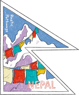 Illustrated Nepal sticker: prayer flags strung across snow peaks in a tall triangle.