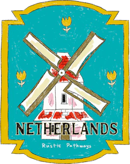 Illustrated Netherlands sticker: a windmill with tulips on a teal ground.