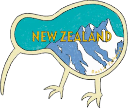 Illustrated New Zealand sticker: a kiwi bird whose body holds a snow-capped mountain range.