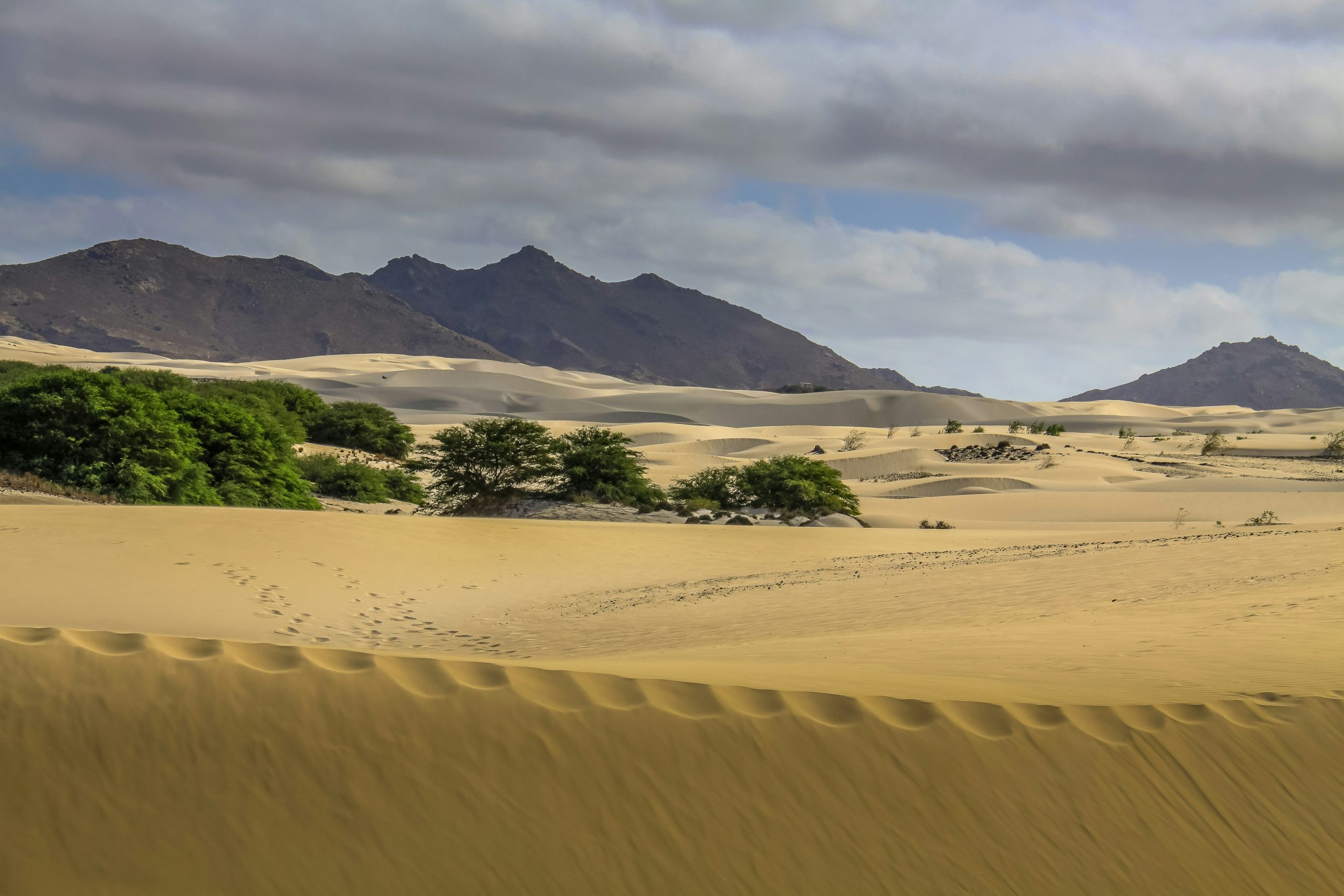 Desert landscape with sand dunes and mountains in Cape Verde