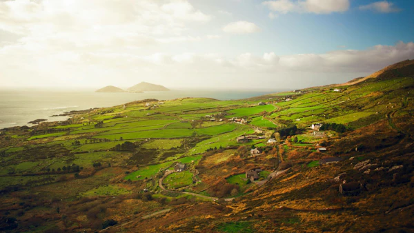 A patchwork of small green fields and hedgerows spreads across a valley in Ireland under soft evening light