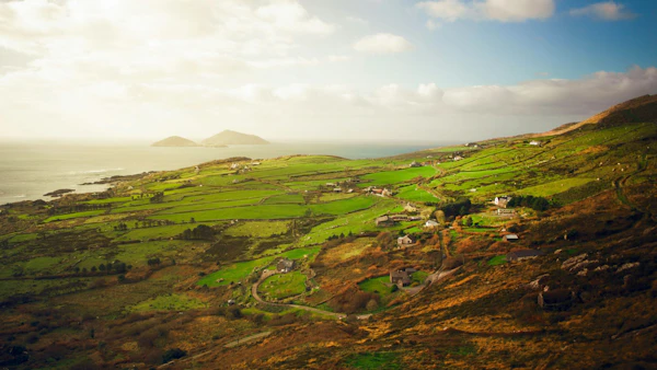A patchwork of small green fields and hedgerows spreads across a valley in Ireland under soft evening light