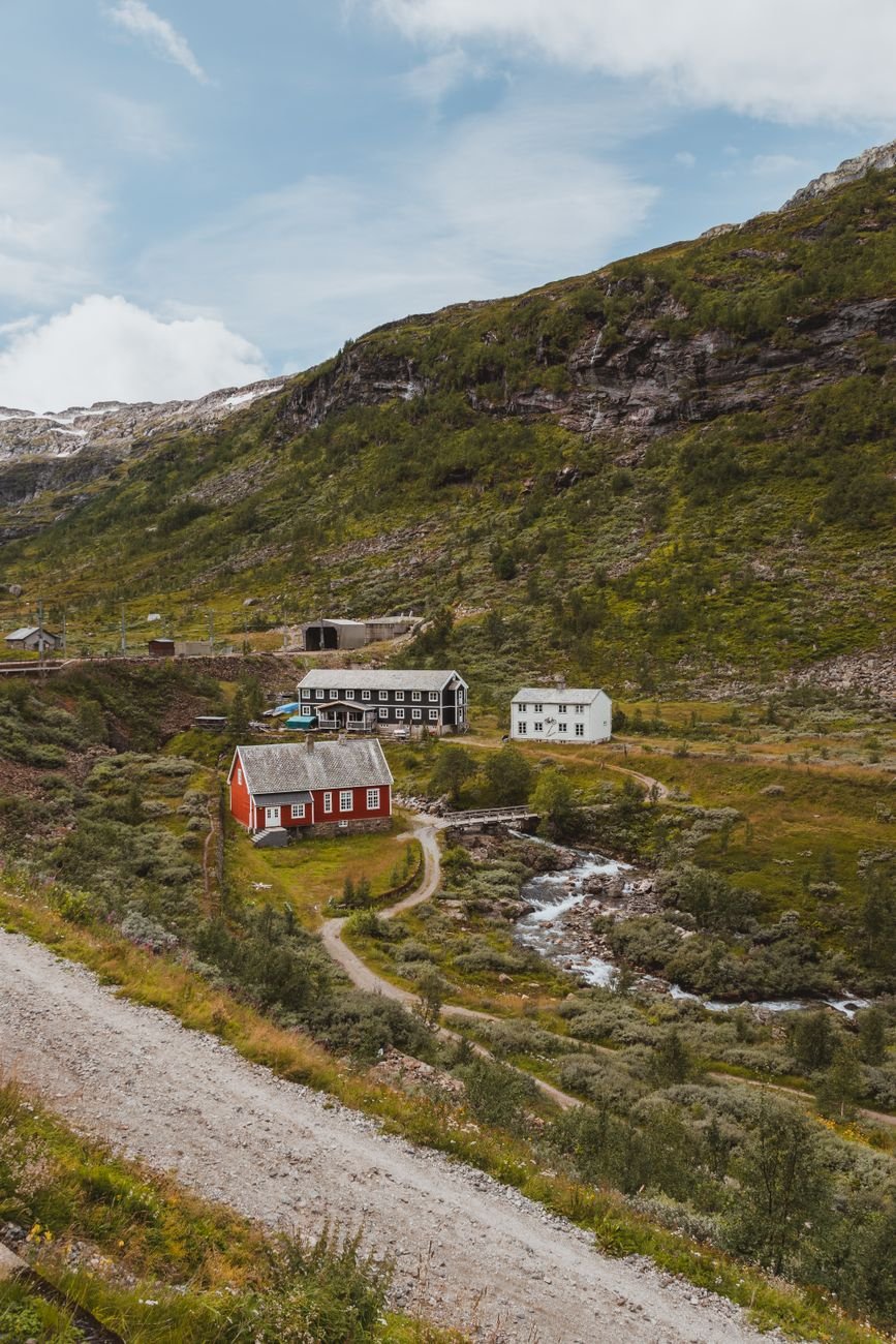 A red timber house and a cluster of mountain buildings sit beside a rushing stream on a green slope, with a gravel track leading past a rail line.