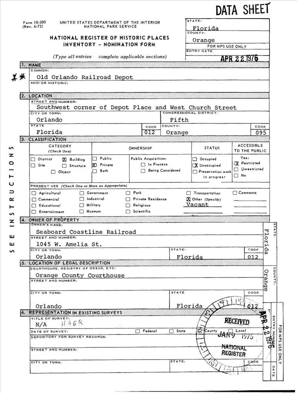 National Register of Historical Palaces with Old Orlando Railroad Depot listed. 