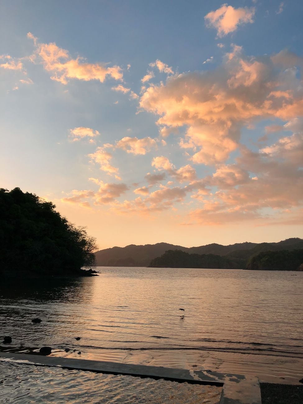 A wide freshwater lake bordered by dense rainforest under a blue sky.