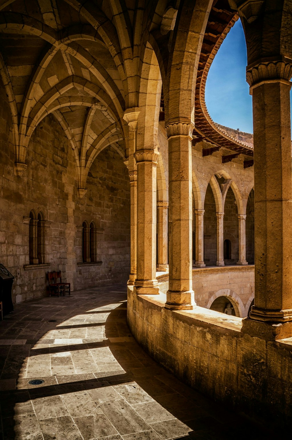 Sunlit stone arches and columns in a historic cloister, casting long shadows on the worn stone floor beneath a clear blue sky. Fun Facts About Palma de Mallorca