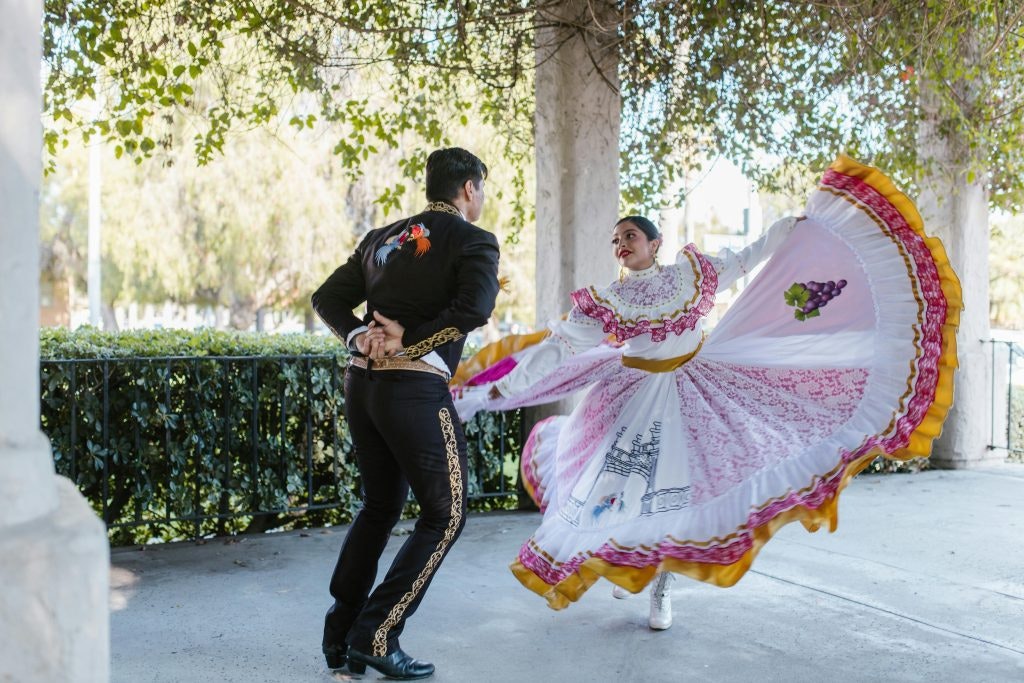 Bilde av RDNE Stock project: https://www.pexels.com/nb-no/bilde/mann-ferie-par-kvinne-8639346/ man and woman dancing in mexican clothes, celebrating cinco de mayo