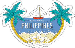 Illustrated Philippines sticker: palm trees, a sailboat and frangipani flowers above a beach.
