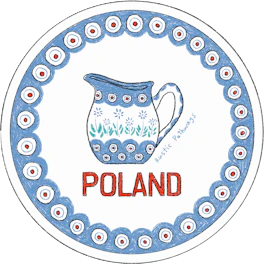 Illustrated Poland sticker: a folk-painted jug on a dotted ceramic plate.