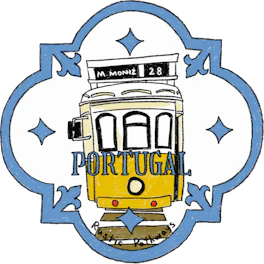 Illustrated Portugal sticker: a yellow Lisbon tram inside a blue tiled quatrefoil.