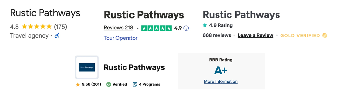 Rustic Pathways third-party ratings: 4.8 on Google, 4.9 on GoOverseas, 9.6 on GoAbroad, 4.9 on Trustpilot, A+ on BBB