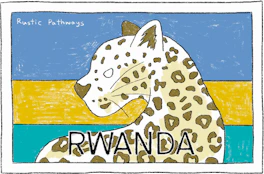 Illustrated Rwanda sticker: a leopard's face over bands of blue, yellow and green.