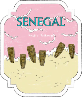 Illustrated Senegal sticker: painted pirogue fishing boats drawn up on a pale beach.