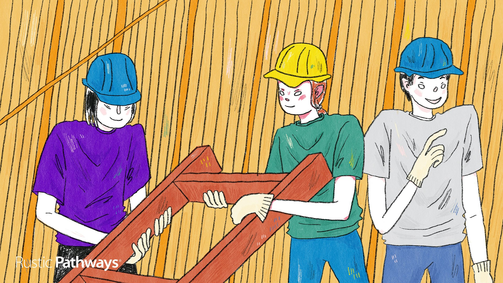 Hand-drawn illustration of service trips for teens, showing teens carrying tools and building materials together, wide format.