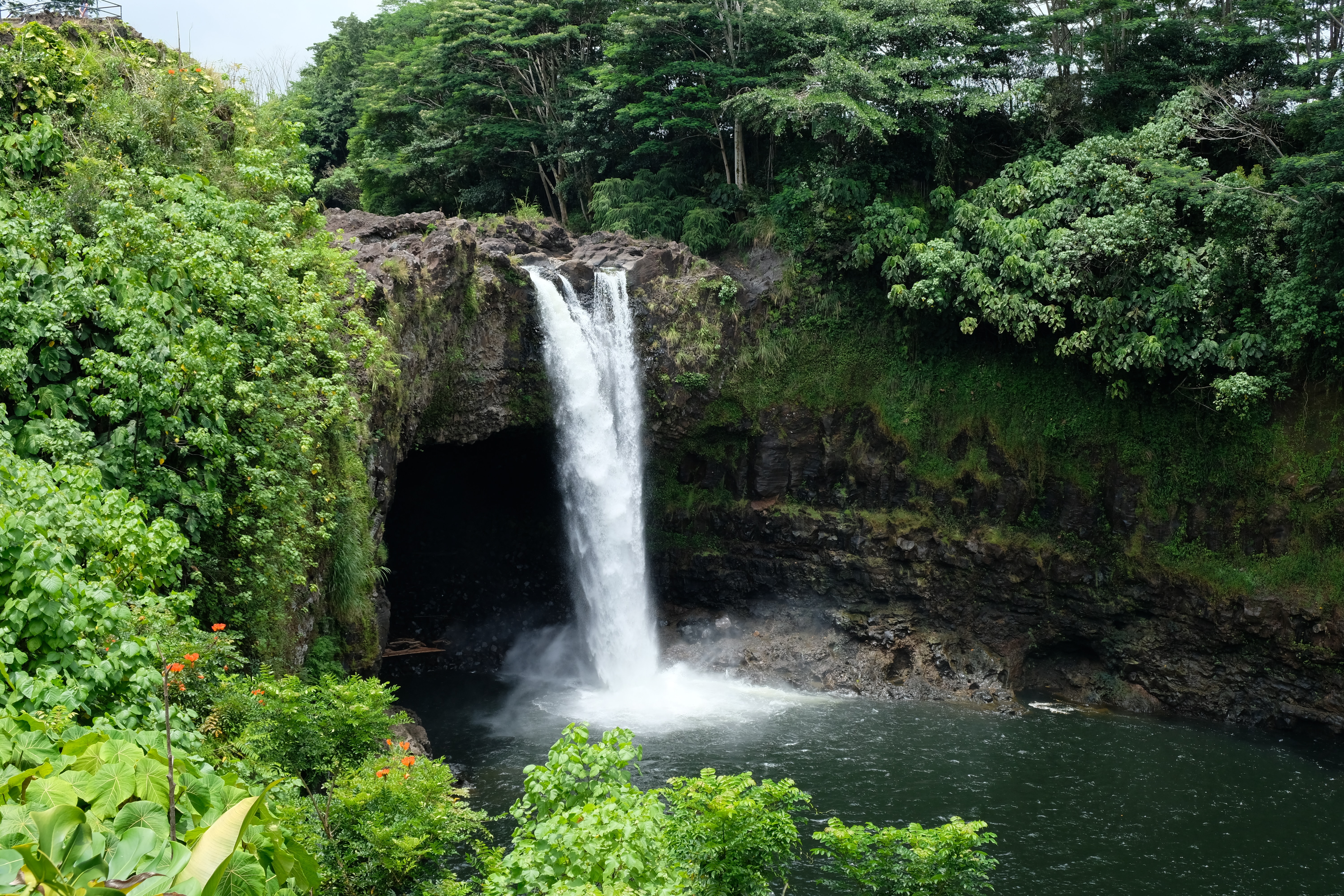 Photo of a waterfall with trees in the background.