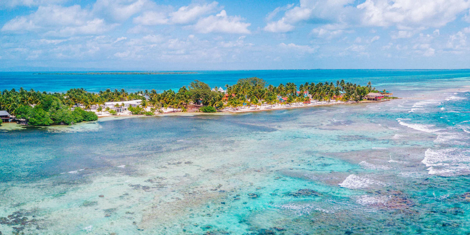 A palm-lined caye sits inside a turquoise reef off the Belize coast