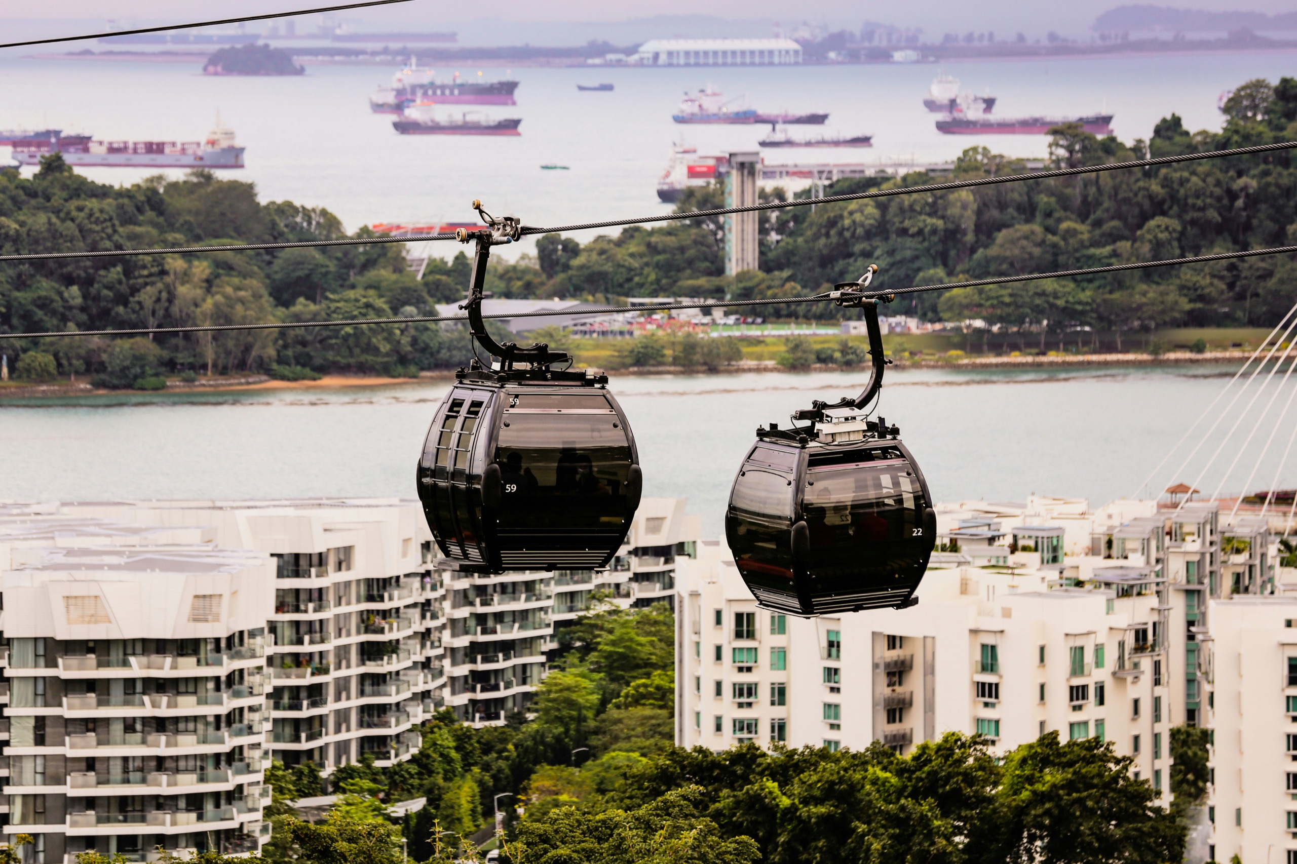 Two cable cars hang from their line above apartment blocks and trees on the way to Sentosa, with container ships at anchor in the harbour beyond.