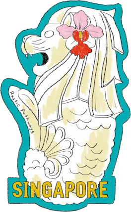 Illustrated Singapore sticker: the Merlion statue with an orchid at its mane.