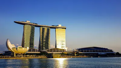 The Marina Bay waterfront in Singapore, with the Marina Bay Sands towers and the ArtScience Museum across the water