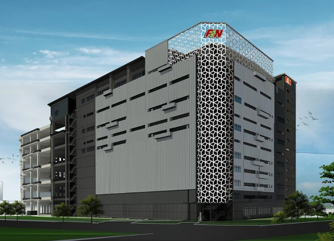 Architectural rendering of a multi-story F&N building with a patterned facade